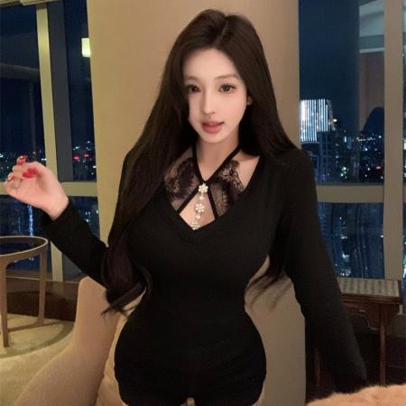 FA45550# 纯欲辣妹性感挂脖上衣女秋冬长袖t恤加绒打底衫内搭T恤 服裝批發女裝批發服飾貨源