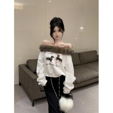 FA45551# 美式复古可爱狗狗卫衣薄款露肩上衣毛领拼接斜肩长袖T恤 服裝批發女裝批發服飾貨源