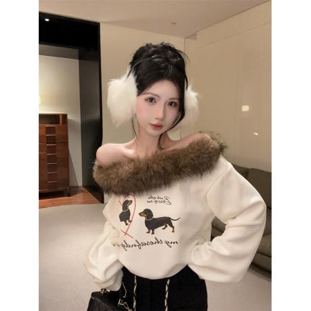 FA45551# 美式复古可爱狗狗卫衣薄款露肩上衣毛领拼接斜肩长袖T恤 服裝批發女裝批發服飾貨源