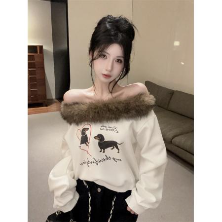 FA45551# 美式复古可爱狗狗卫衣薄款露肩上衣毛领拼接斜肩长袖T恤 服裝批發女裝批發服飾貨源