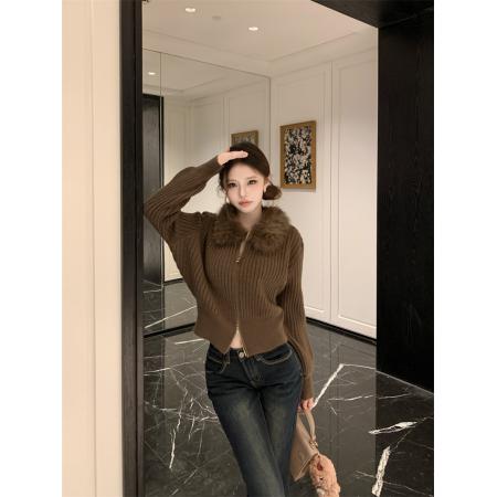 FA45552# 美式复古毛领竖条纹针织衫外套女秋冬慵懒风宽松毛衣女 服裝批發女裝批發服飾貨源