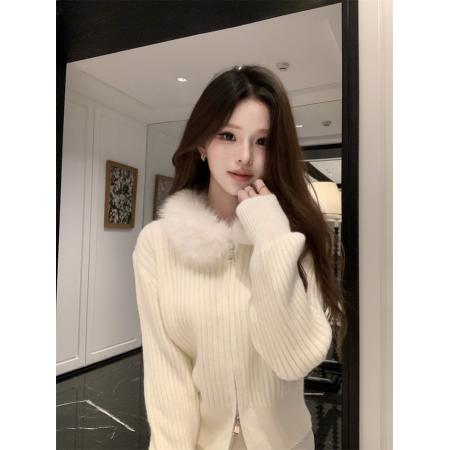 FA45552# 美式复古毛领竖条纹针织衫外套女秋冬慵懒风宽松毛衣女 服裝批發女裝批發服飾貨源