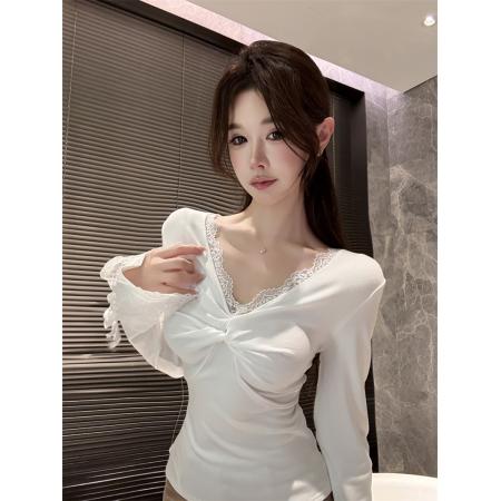 FA45553# 蕾丝花边V领纽结正肩长袖t恤女秋冬纯欲风加绒保暖打底 服裝批發女裝批發服飾貨源