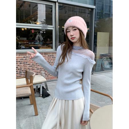 FA45554# 法式温柔风蕾丝拼接半高领长袖针织衫女秋季新款修身打底上衣 服裝批發女裝批發服飾貨源