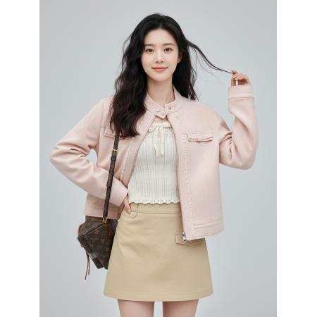 FA45556# 短款粉色麂皮巨好看的早秋外套女新款秋季美式棒球服夹克上衣 服裝批發女裝批發服飾貨源