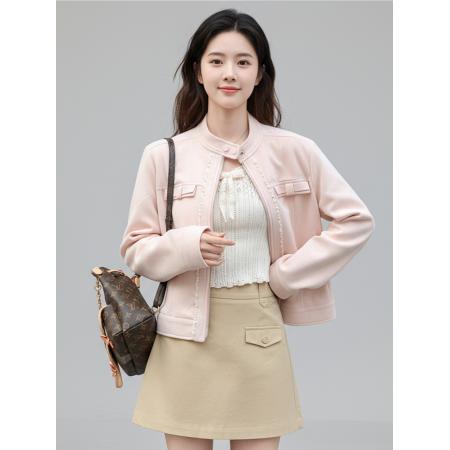 FA45556# 短款粉色麂皮巨好看的早秋外套女新款秋季美式棒球服夹克上衣 服裝批發女裝批發服飾貨源