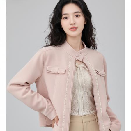 FA45556# 短款粉色麂皮巨好看的早秋外套女新款秋季美式棒球服夹克上衣 服裝批發女裝批發服飾貨源