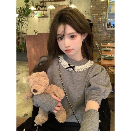 FA45558# 天猫抖音质量法式泡泡袖蕾丝袖套女设计感圆领上衣针织衫秋冬新款 服裝批發女裝批發服飾貨源