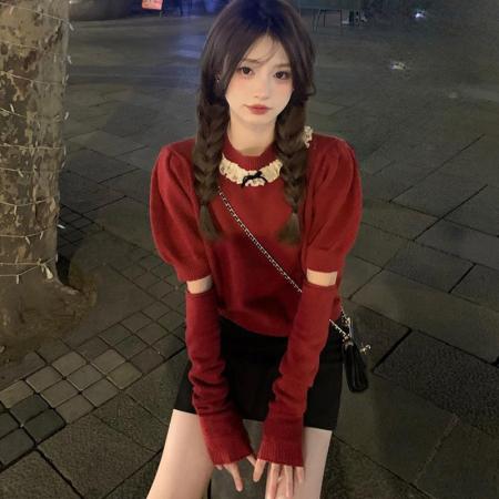 FA45558# 天猫抖音质量法式泡泡袖蕾丝袖套女设计感圆领上衣针织衫秋冬新款 服裝批發女裝批發服飾貨源
