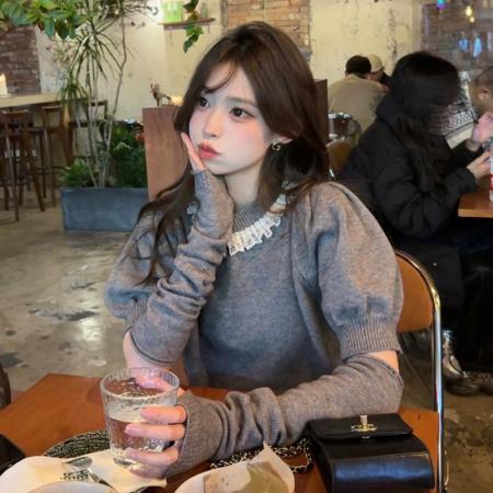 FA45558# 天猫抖音质量法式泡泡袖蕾丝袖套女设计感圆领上衣针织衫秋冬新款 服裝批發女裝批發服飾貨源