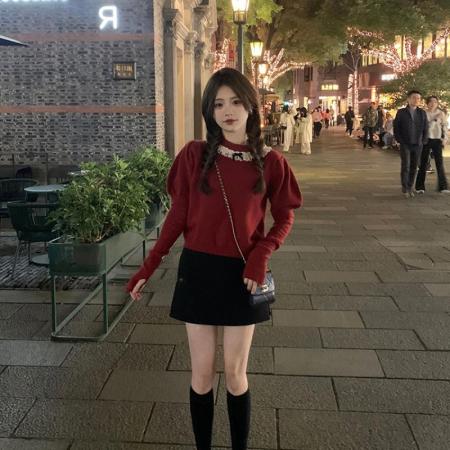 FA45558# 天猫抖音质量法式泡泡袖蕾丝袖套女设计感圆领上衣针织衫秋冬新款 服裝批發女裝批發服飾貨源