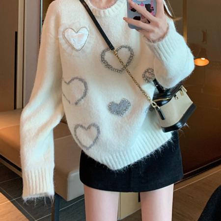 FA45559# 白色爱心圆领毛衣女新款秋冬加厚奶fufu宽松套头打底针织衫 服裝批發女裝批發服飾貨源