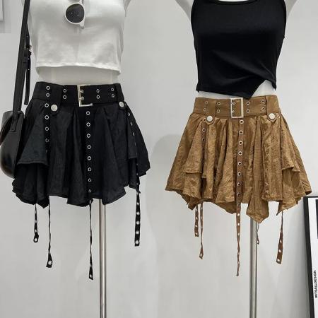 FA45561# 夏季新款韩版小众复古不规则裙摆腰带半身裙高腰荷叶边短裙女 服裝批發女裝批發服飾貨源