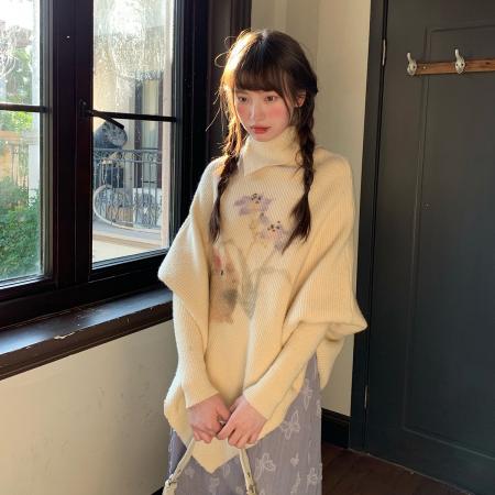 FA45562# 芝士日慵懒蝙蝠袖修身毛织衫秋冬女百搭温柔不规则米色毛衣套装 服裝批發女裝批發服飾貨源