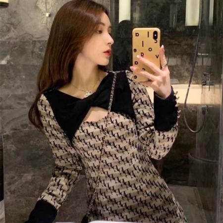 FA45563# 小香风法式复古针织连衣裙秋冬女装名媛中长款打底毛衣裙子 服裝批發女裝批發服飾貨源