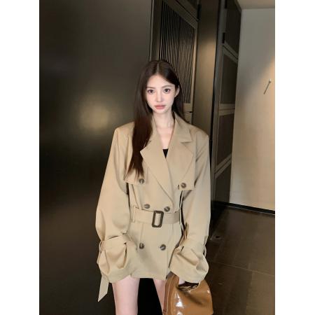 FA45564# 卡其色韩版高级感短款风衣女秋季新款英伦风小个子收腰外套 服裝批發女裝批發服飾貨源