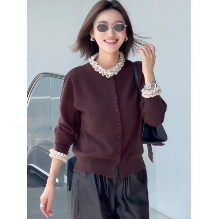 FA45565# 韩系慵懒风长袖针织开衫女秋季新款设计感木耳边拼接修身上衣 服裝批發女裝批發服飾貨源