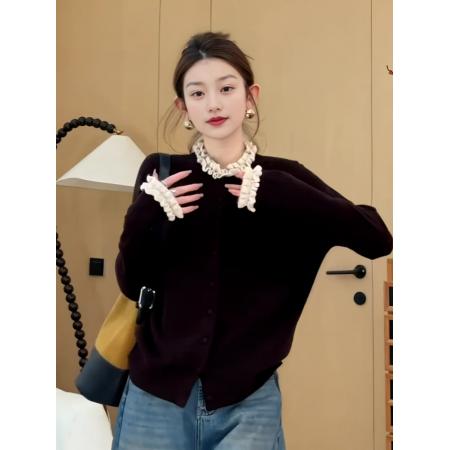 FA45565# 韩系慵懒风长袖针织开衫女秋季新款设计感木耳边拼接修身上衣 服裝批發女裝批發服飾貨源