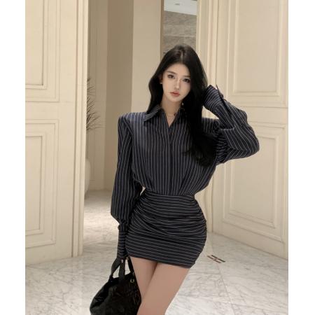 FA45570# 条纹长袖衬衫连衣裙秋季新款收腰修身显瘦复古包臀裙子 服裝批發女裝批發服飾貨源