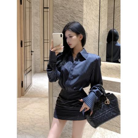 FA45570# 条纹长袖衬衫连衣裙秋季新款收腰修身显瘦复古包臀裙子 服裝批發女裝批發服飾貨源