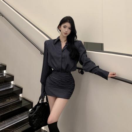 FA45570# 条纹长袖衬衫连衣裙秋季新款收腰修身显瘦复古包臀裙子 服裝批發女裝批發服飾貨源