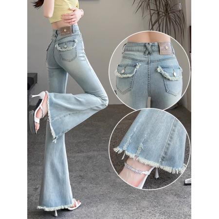 FA45573# 毛边浅色微喇牛仔裤高腰修身显瘦马蹄喇叭微喇拖地裤 服裝批發女裝批發服飾貨源