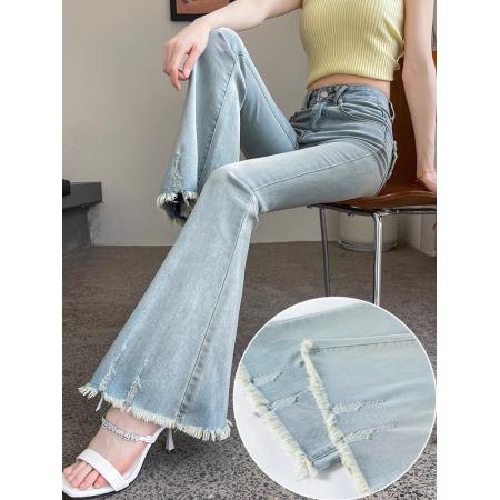 FA45573# 毛边浅色微喇牛仔裤高腰修身显瘦马蹄喇叭微喇拖地裤 服裝批發女裝批發服飾貨源