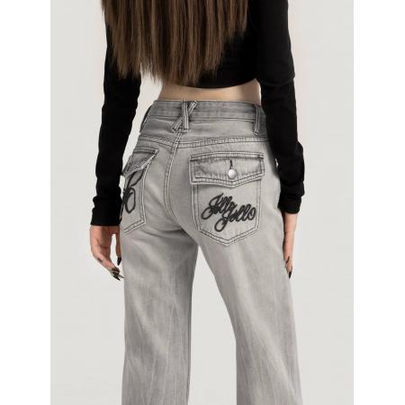 美式烟灰色刺绣微喇牛仔裤女秋季新款不贴腿低腰毛边喇叭裤 服裝批發女裝批發服飾貨源