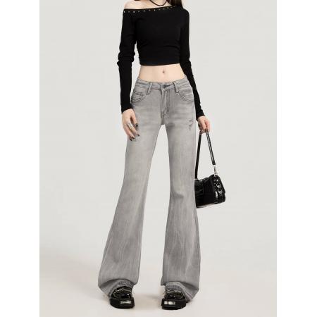 美式烟灰色刺绣微喇牛仔裤女秋季新款不贴腿低腰毛边喇叭裤 服裝批發女裝批發服飾貨源