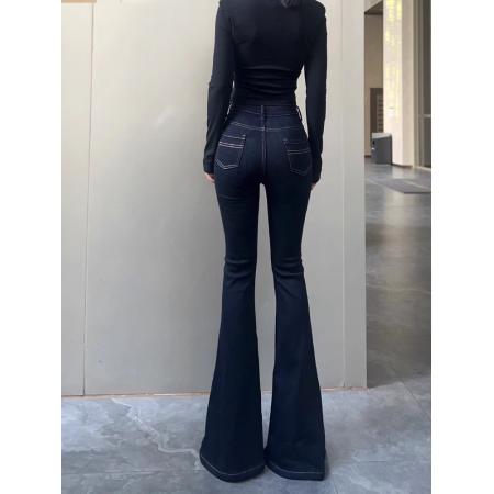 深蓝色修身喇叭牛仔裤女加长弹力提臀拖地长裤 服裝批發女裝批發服飾貨源