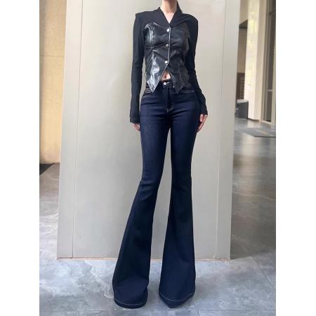 深蓝色修身喇叭牛仔裤女加长弹力提臀拖地长裤 服裝批發女裝批發服飾貨源