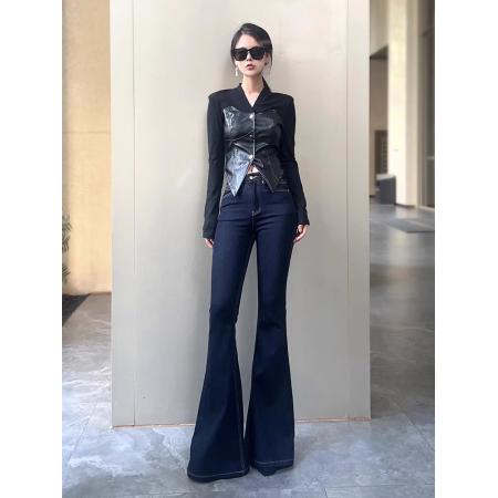 深蓝色修身喇叭牛仔裤女加长弹力提臀拖地长裤 服裝批發女裝批發服飾貨源