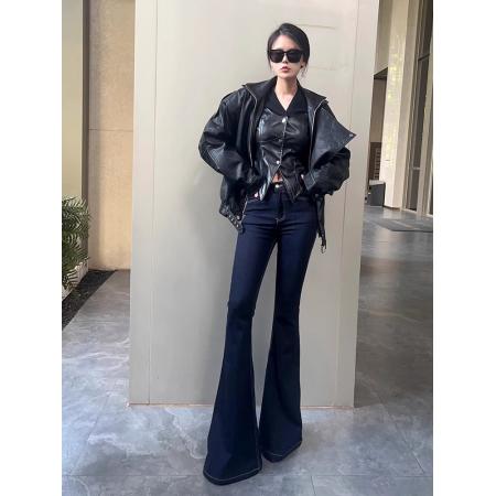 深蓝色修身喇叭牛仔裤女加长弹力提臀拖地长裤 服裝批發女裝批發服飾貨源