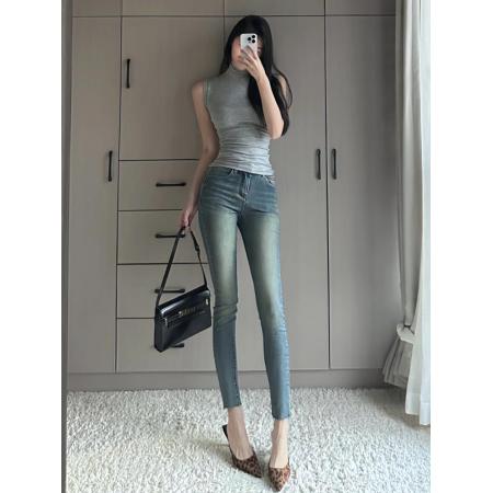 新款复古蓝牛仔裤女高腰修身显瘦包臀显腿长铅笔九分裤 服裝批發女裝批發服飾貨源