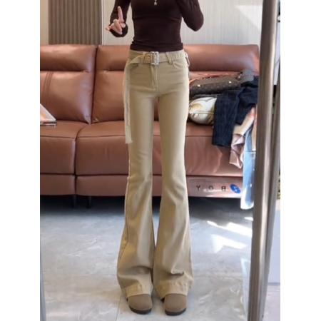 卡其色复古腰带微喇牛仔裤女新款弹力修身马蹄喇叭裤 服裝批發女裝批發服飾貨源