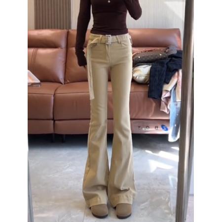 卡其色复古腰带微喇牛仔裤女新款弹力修身马蹄喇叭裤 服裝批發女裝批發服飾貨源