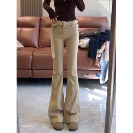 卡其色复古腰带微喇牛仔裤女新款弹力修身马蹄喇叭裤 服裝批發女裝批發服飾貨源