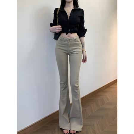 老钱风复古金属纽扣微喇牛仔裤女新款修身显瘦喇叭裤 服裝批發女裝批發服飾貨源