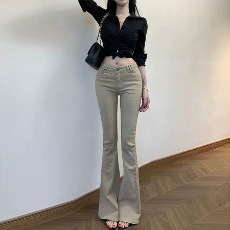 老钱风复古金属纽扣微喇牛仔裤女新款修身显瘦喇叭裤 服裝批發女裝批發服飾貨源