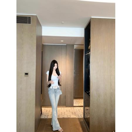 烫钻高腰牛仔裤女夏薄款微喇裤修身阔腿裤 服裝批發女裝批發服飾貨源