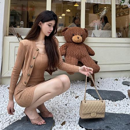 FA45581# 法式小香风肌理纹开衫针织外套女初秋新款包臀背心裙毛织两件套装 服裝批發女裝批發服飾貨源