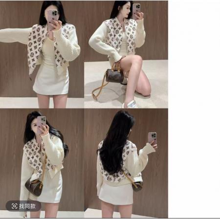 FA45582# 环保毛毛印花拼接毛衣袖短款百搭时尚外套 服裝批發女裝批發服飾貨源