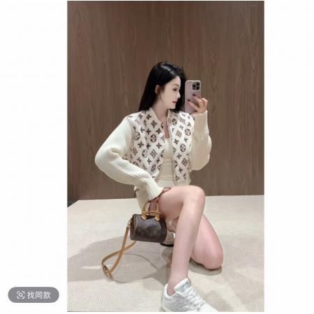 FA45582# 环保毛毛印花拼接毛衣袖短款百搭时尚外套 服裝批發女裝批發服飾貨源