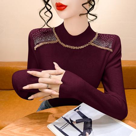 FA45583# 时尚洋气烫钻半高领打底衫女秋冬新款气质百搭显瘦减龄长袖上衣潮 服裝批發女裝批發服飾貨源