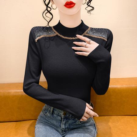 FA45583# 时尚洋气烫钻半高领打底衫女秋冬新款气质百搭显瘦减龄长袖上衣潮 服裝批發女裝批發服飾貨源