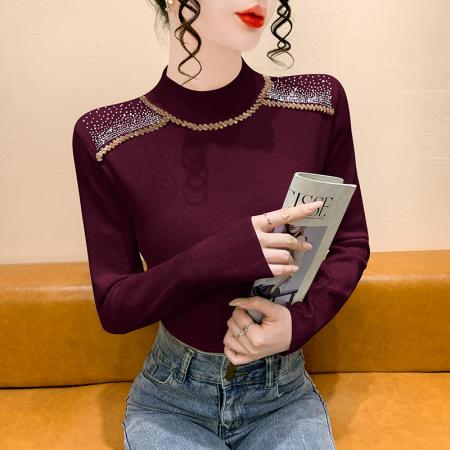 FA45583# 时尚洋气烫钻半高领打底衫女秋冬新款气质百搭显瘦减龄长袖上衣潮 服裝批發女裝批發服飾貨源