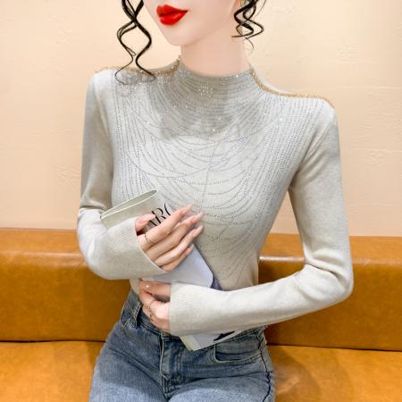 FA45585# 时尚洋气烫钻半高领打底衫女秋冬新款气质百搭显瘦减龄长袖上衣潮 服裝批發女裝批發服飾貨源