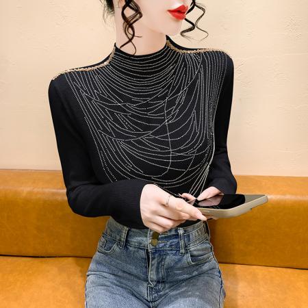 FA45585# 时尚洋气烫钻半高领打底衫女秋冬新款气质百搭显瘦减龄长袖上衣潮 服裝批發女裝批發服飾貨源