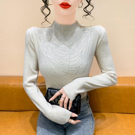 FA45585# 时尚洋气烫钻半高领打底衫女秋冬新款气质百搭显瘦减龄长袖上衣潮 服裝批發女裝批發服飾貨源