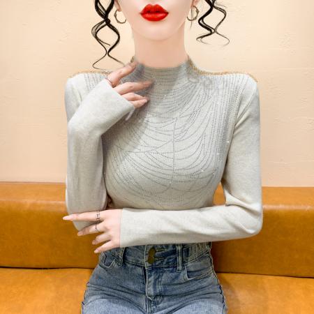 FA45585# 时尚洋气烫钻半高领打底衫女秋冬新款气质百搭显瘦减龄长袖上衣潮 服裝批發女裝批發服飾貨源